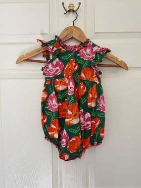 Pink Chicken Green Floral Bubble Romper with Pink & Orange Flowers